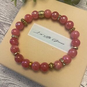 Gorgeous coral pink quartz with gold accents 8mm, stretch, handmade